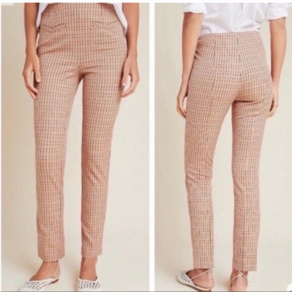 Anthropologie The Essential Slim Pant Pink Tan Plaid Size 2 Nwt